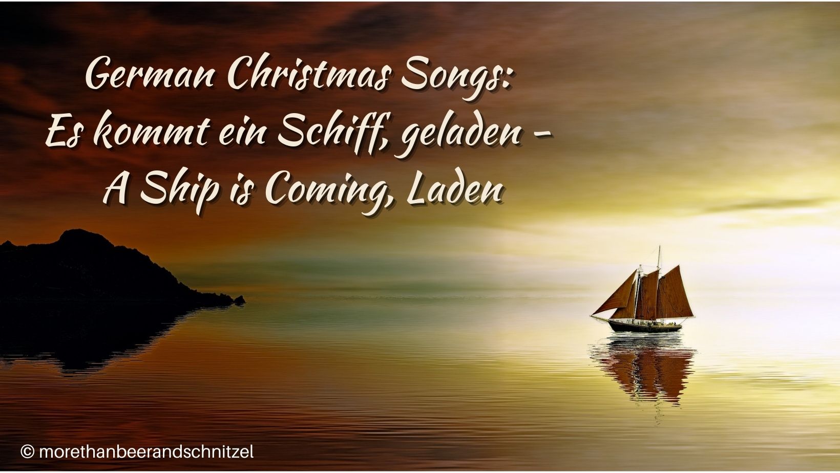 a sail boat on calm seas, brown, yellow color scheme, ship is illuminated by (sun) light, it's approaching an island to the left. text says German christmas songs, es kommt ein schiff geladen, a ship is coming laden